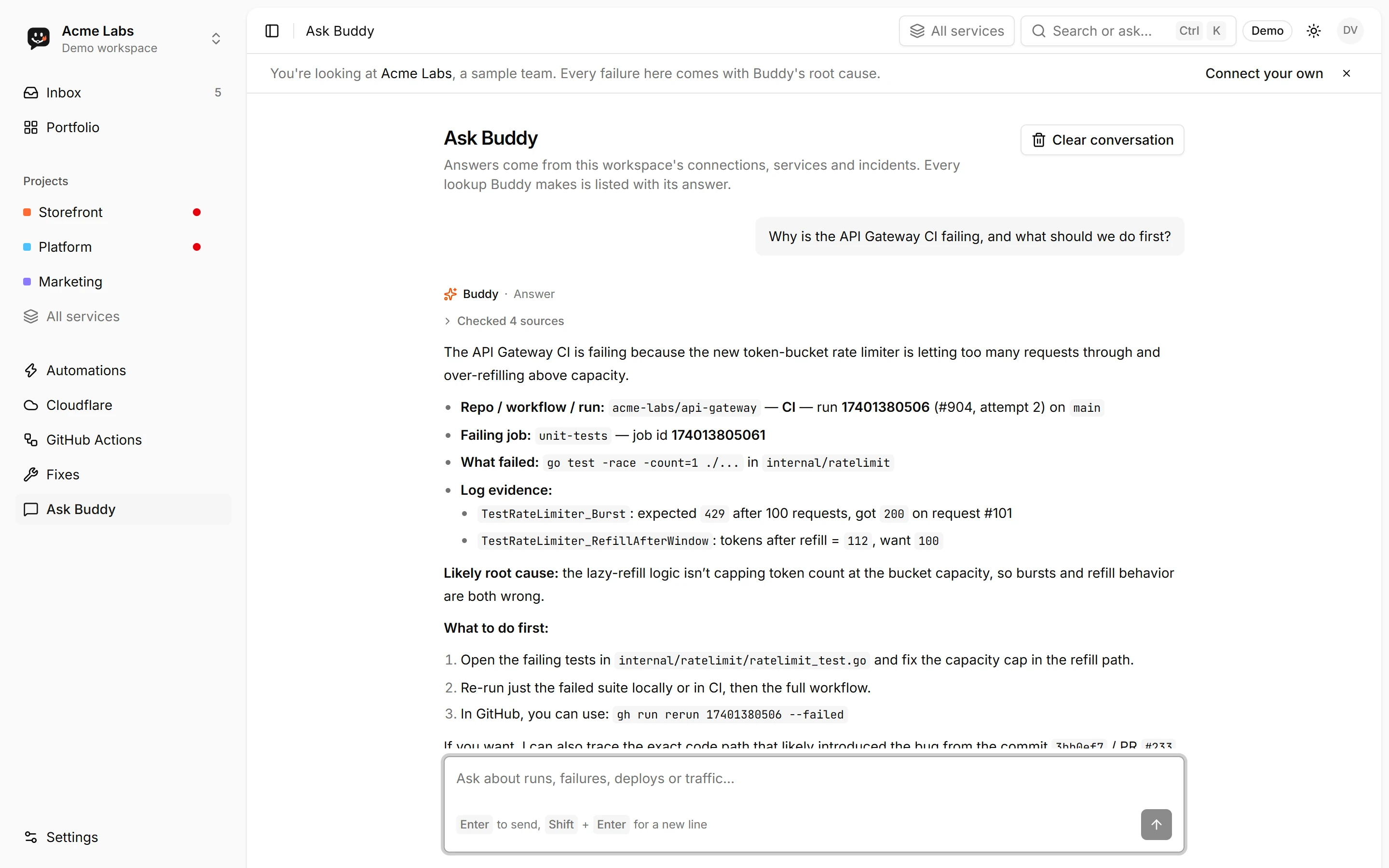 Ask Buddy answering a question about a workspace in plain English