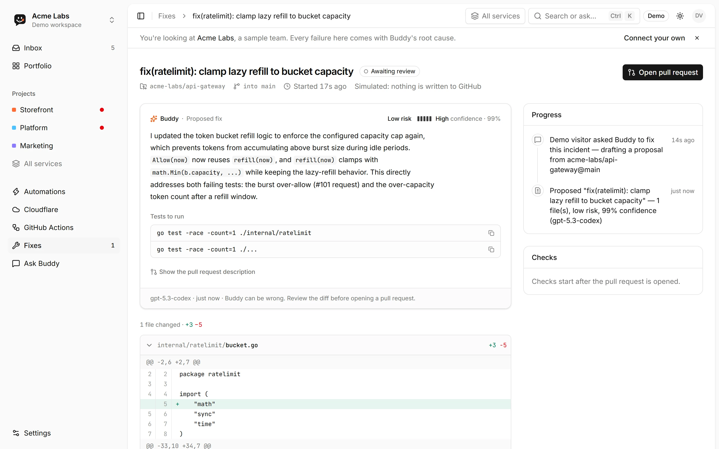 A proposed fix shown as a readable diff before a pull request is opened