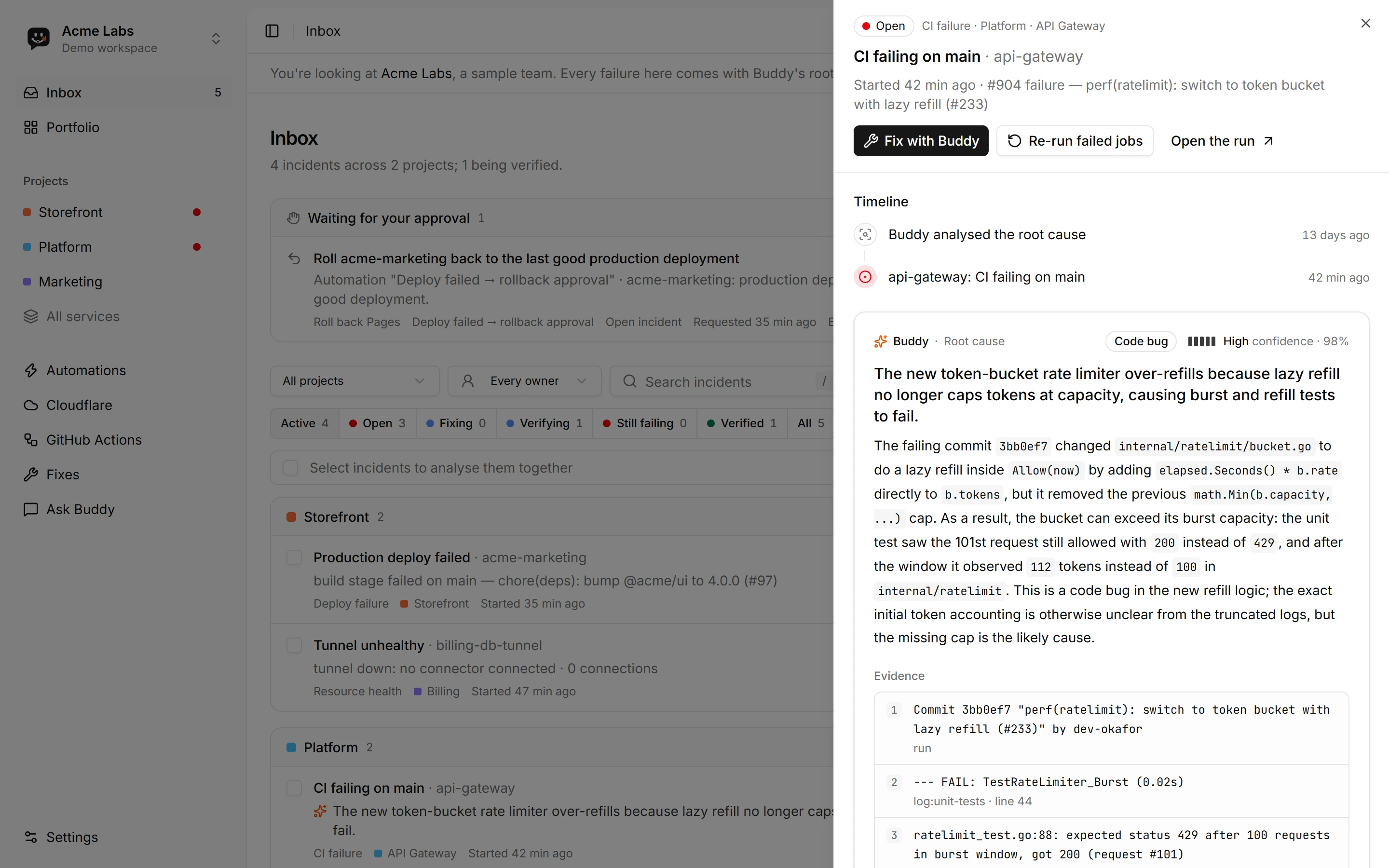 Incident inbox and root-cause analysis with log evidence
